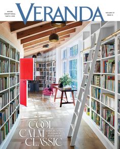 the front cover of veranda magazine with bookshelves and ladder in foreground