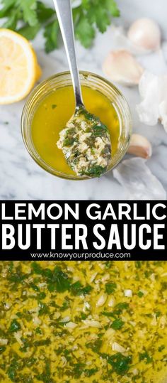 lemon garlic butter sauce in a bowl with spoon