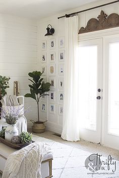 a living room filled with furniture and a potted plant next to a window covered in white curtains