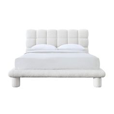 a bed with white linens and pillows on top of the headboard is shown in front of a white background