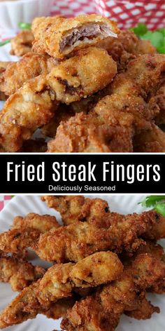 fried steak fingers on a paper plate with the words fried steak fingers deliciously seasoned