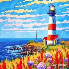 a painting of a lighthouse in the middle of flowers by the ocean with blue sky and clouds