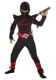 PRICES MAY VARY. Size: 2XL (14-16) Kids Stealth Ninja Costume 100% polyester interlock knit fabric Long-sleeved black hooded jumpsuit fastens w/ Hook and Loop fastener at center back Polyfoam shoulder pauldrons and chest pad are edged with red binding Let your son become the ultimate ninja assassin in this Kids Stealth Ninja Costume! Give him toy ninja weapons to equip him for his dangerous missions, and let his imagination roam. - Hooded Jumpsuit w/ Attached Arm & Leg Ties - Belt - Face mask - Ninja Halloween, Kids Halloween Food, California Costumes, Book Week Costume, Holloween Costume, Costumes Ideas, Halloween Boys, Costume Collection, Boy Costumes