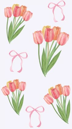 watercolor tulips with pink ribbons and bows