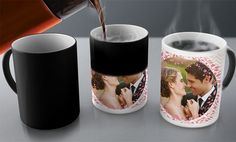 two coffee mugs, one with a photo and the other has a hot beverage being poured into it