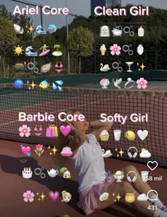 a woman sitting on top of a tennis court with lots of stickers around her