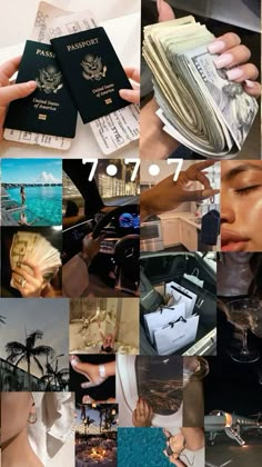 collage of photos with passport and money