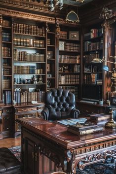 an old - fashioned office with leather chairs and bookshelves in the middle of it