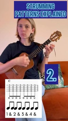 a woman sitting on top of a couch while playing an ukulele with music notes