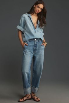 Anthropologie's exclusive collection of premium denim + everyday outfitting offers an expansive array of made-for-you pieces that are versatile, comfortable and inclusive of all sizes, styles and vibes. Jean On Jean Outfit Denim, Cuffed Jeans Outfit, Boho Work Outfit, Jean Shirt Outfits, Denim Bar, Boyfriend Cut Jeans, Denim Street Style, Cozy Wear, Jeans Outfit Fall