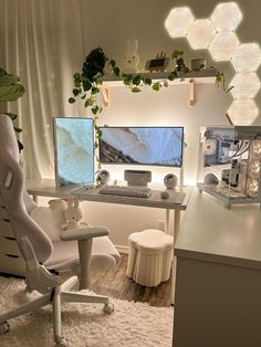 a white chair sitting in front of a computer desk