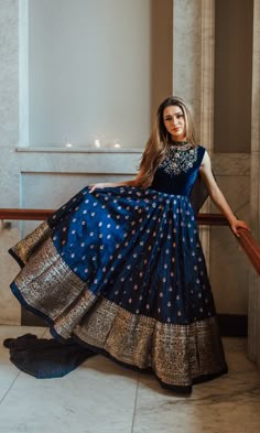 Dress Out Of Saree, Dresses With Accessories, Blue Silk Gown, Saree Inspiration, Kajol Saree, Ethnic Dresses, Indian Clothing Store, Long Gown Design