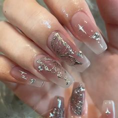 Nagellack Trends, Purple Nail, Pretty Gel Nails, Really Cute Nails, Soft Nails, Nail Swag, Butterfly Nail, Silver Nails, Prom Nails