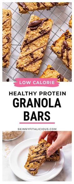 healthy protein granola bars with chocolate drizzled on top and text overlay reading low calorie healthy protein granola bars