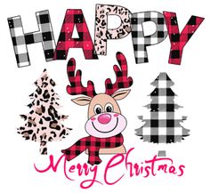 a christmas card with a reindeer and plaid trees in the background that says happy merry christmas