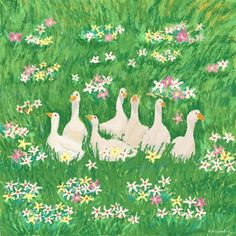 a painting of ducks in the grass with daisies