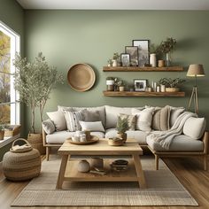 a living room with green walls and wooden furniture in the center, along with potted plants