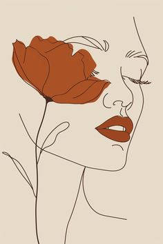 a drawing of a woman's face with a flower in her hair and an orange lip