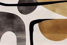 an abstract painting with black, gold and white shapes