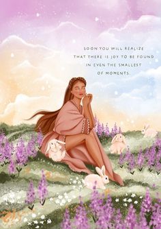 a painting of a woman sitting on the ground surrounded by purple flowers and bunnies