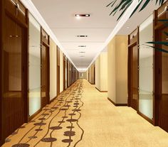 the hallway is lined with wooden doors and planters on both sides, along with carpeted flooring