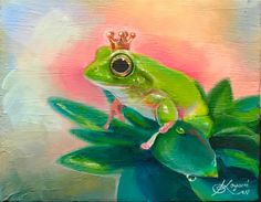 a painting of a frog with a crown on its head sitting on top of a plant