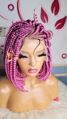 Our frontlace and closure unit is made with spandex dome wig cap and extra elastic band for secure fit. Full lace has adjustable straps and elastic band. * Beautiful  cornrow with braids on a front lace wig color pink Each wig unit is carefully hand-made by professional braiders. The braids can last for years. For a natural look, the wigs can be made with a lace closure, lace frontal or full lace. Wig care instructions and styling options are provided with each purchase.  Braided wigs is the cur Cornrow With Braids, Faux Locs Wig, Cornrow Wig, Pink Bob, Long Angled Bob, Wig Care, Double Ponytail, Passion Twists, Bohemian Braids