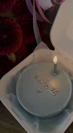 a birthday cake with a lit candle in it