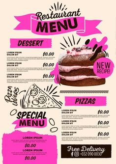 a pink and black menu for a restaurant with a piece of cake on top of it