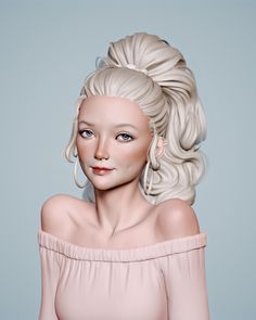 a digital painting of a woman with blonde hair and blue eyes wearing an off the shoulder top