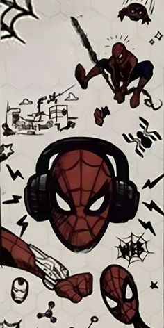 spider - man with headphones and music notes in the air, surrounded by symbols