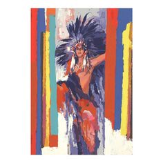 a painting of a woman with feathers on her head and body, standing in front of colorful stripes