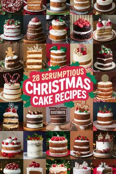 the cover of 28 scrumptious christmas cake recipes, with images of cakes and desserts