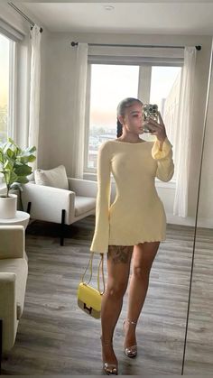 Luxury Fashion Black Women, Yellow Heels Outfit Classy, Aja Narie Outfits, Olive Dress Outfit Classy, Feminine Club Outfit, Birthday Dress Fall, Flirty Skirt Outfit, Cute Brunch Fits, Vacation Wedding Guest Dress