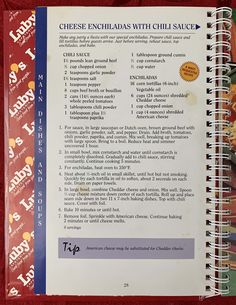 a recipe book with instructions for cheese enchiladas and chili sauce on it