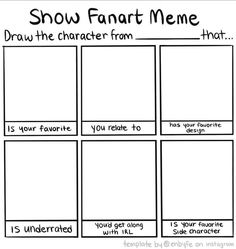 the character sheet for show fanart meme, which includes four different characters and their name