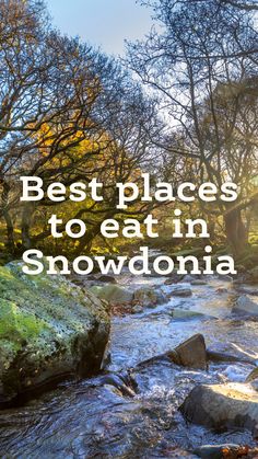 the words best places to eat in snowdonia on top of a photo of a river