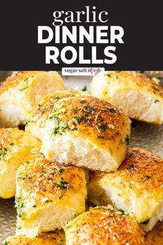 garlic dinner rolls on a plate with text overlay