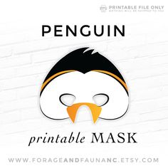 the penguin printable mask is shown against a white brick wall