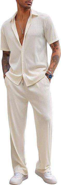 Amazon.com: COOFANDY Men's 2 Piece Outfit Casual Short Sleeve Button Down Shirt Beach Summer Loose Pant Sets : Clothing, Shoes & Jewelry Summer Linen Shirt Men, Office Casual Men, Outfit Casual Short, Summer Work Outfits Office, Summer Linen Shirt, Beach Outfit Men, Guayabera Shirt, 2 Piece Outfit, Corte De Cabelo Masculino