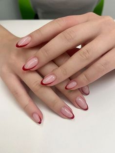 French Tip Color Nails Almond, Oval Nails Red French, Red Nails Ideas French, French Nail Red Tip, Nails That Make Your Fingers Look Longer, Red Tip Almond Shaped Nails, Red French Tip Nails With Chrome, Nail Red French Tip, Short Almond Red French Tip Nails