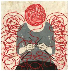 a drawing of a person knitting with red yarn on top of them and the image appears to be overlaid