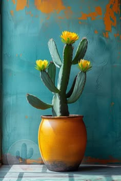 a potted plant with yellow flowers in front of a blue wall