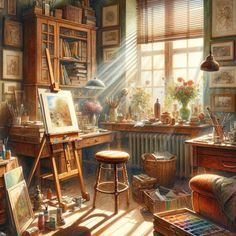 an artist's studio with lots of paintings and art supplies on the desks