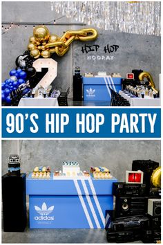 an image of a hip party with blue and gold decorations on the wall, and a sign that reads 90's hip hop party