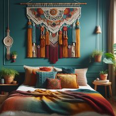 a bed with colorful pillows and blankets on it in a room that has green walls