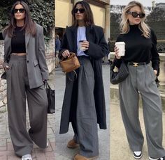 #лукдня #эстетика #чтонадеть #вайлдберриз Dark Grey Wide Leg Trousers Outfit, Grey Wide Trousers Outfit, Dark Grey Dress Pants Outfit Women, Grey Wide Leg Pants Outfit Work, Gray Wide Leg Trousers Outfit, Grey Trousers Outfit Women Street Style, Grey Wide Pants Outfit, Grey Trousers Outfit Winter, Grey Trousers Outfit Women Work Attire