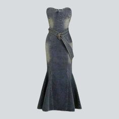 Introducing the 2023 Summer Collection's full-length mermaid strapless denim dress ââ‚?a vintage-inspired masterpiece that's sure to make a statement!Why You'll Love ItThis unique dress exudes a classic allure. with its vintage-inspired silhouette and sleek bare-shoulder design. Crafted from premium quality denim. its durable construction ensures you can flaunt it in vibe for years to come. A conventional fishtail cut and a distressed pattern bring out its true vintage charm. while its zipper... Elegant Fitted Denim Party Dress, Elegant Fitted Denim Dress For Party, Dark Wash Fitted Strapless Dress, Strapless Fitted Dark Wash Denim Dress, Elegant Fitted Denim Dress, Elegant Fitted Denim Blue Dress, Vintage Strapless Fitted Evening Dress, Strapless Fitted Denim Blue Dress, Fitted Strapless Denim Blue Dress