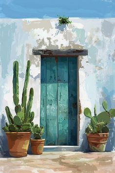 two potted cacti in front of a blue door