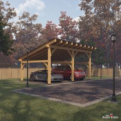 two cars are parked under a wooden carport